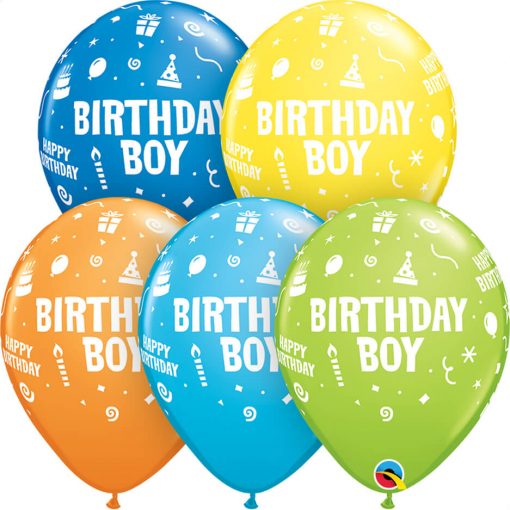 11" / 28cm Birthday Boy Asst of Lime Green, Yellow, Dark Blue, Orange, Robin's Egg Blue Qualatex #20265-1