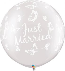 30" / 76cm Just Married Butterflies-A-Round Pearl White Qualatex #31562-1