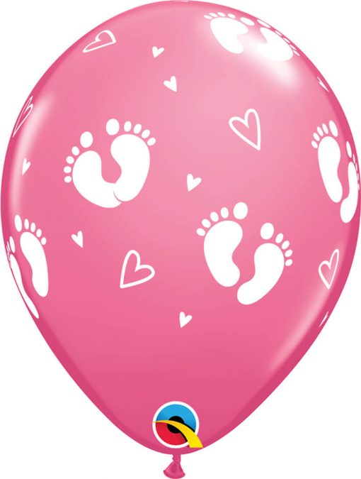 11" / 28cm 6szt Baby Footprints & Hearts Rose Qualatex #45651