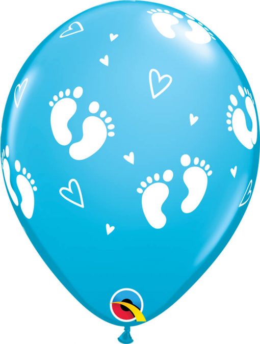 11" / 28cm 6szt Baby Footprints & Hearts Robin's Egg Blue Qualatex #45652