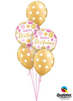Bukiet 970 Gold & Pink Birthday Polka Dots Qualatex #49164-2 52958-3