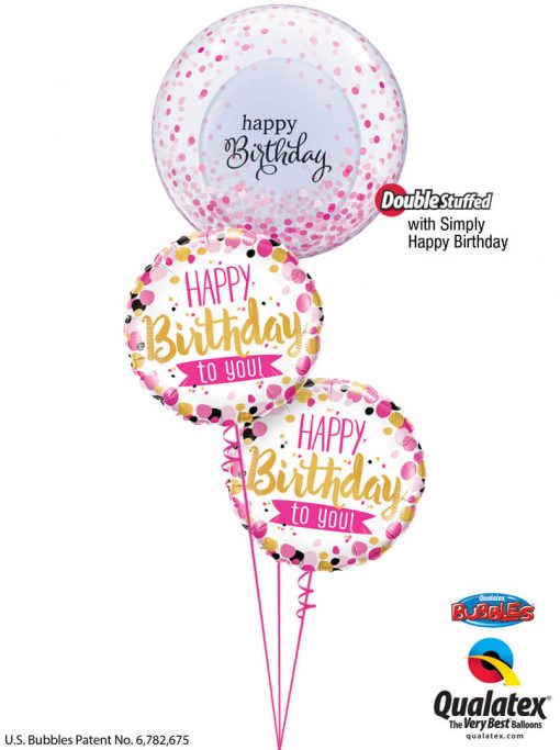 Bukiet 1355 Pink Dots & Gold Script Birthday Bubble Qualatex #57790 49170-2 89453